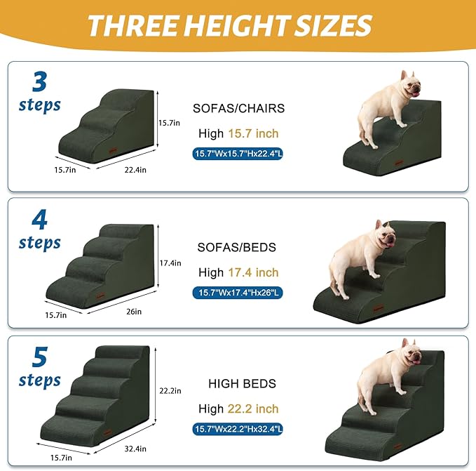 Aodisman 5-Step Dog Stairs and Ramp for High Bed, Non-Slip Sturdy Pet Steps for Small Dogs and Cats,22.2" H,Green