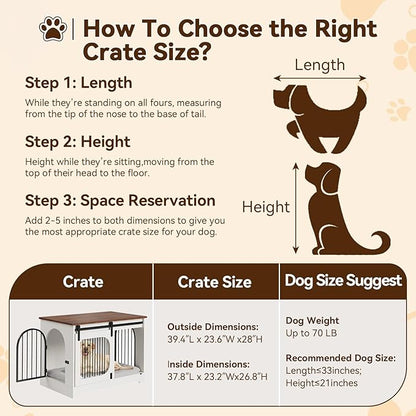 Dog Crate Furniture, 39.4 in Dog Kennel for Dogs Up to 70 LB, with Bed Mat, Heavy-Duty Dog Cage End Table, Three Doors Dog House, White/Brown