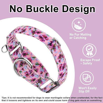 Reflective Martingale Collar for Dogs Nylon Training Collar with No Buckle Cute Floral No Pull Dog Collar for Small Dogs（Purple Flower，S）