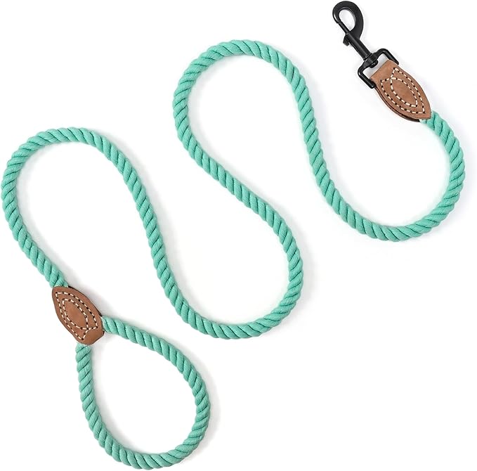 Mile High Life Dog Leash, Braided Cotton Rope Leashes with Leather Tailor Tip with Leather Tip - Heavy Duty Metal Clasp, 5FT, 1/2" Thick - Wedding, Walking Leash for Medium Large Dogs(Green)