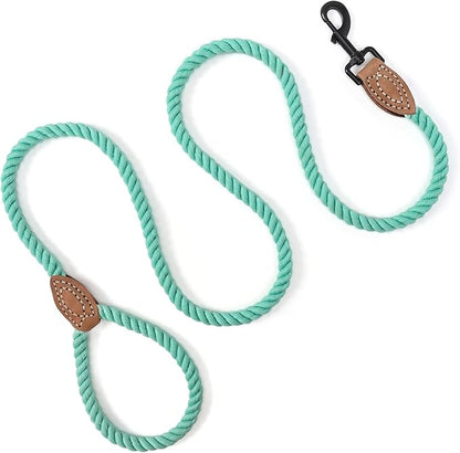 Mile High Life Dog Leash, Braided Cotton Rope Leashes with Leather Tailor Tip with Leather Tip - Heavy Duty Metal Clasp, 5FT, 1/2" Thick - Wedding, Walking Leash for Medium Large Dogs(Green)