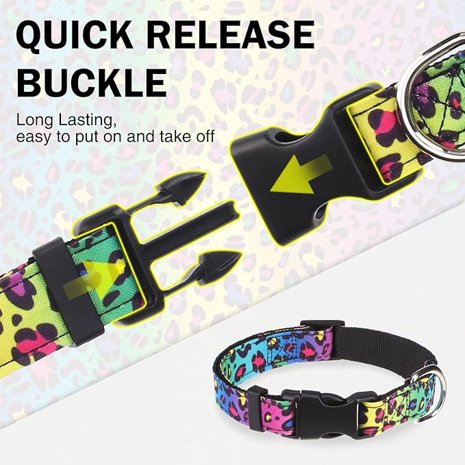 Dog Collar and Leash Set for Medium Dogs, Adjustable Soft Puppy Collar with Quick Release Buckle, 5FT Heavy Duty Nylon Matching Leash for Boy Girl Chihuahua, Yorki, Bulldog, Leopard M