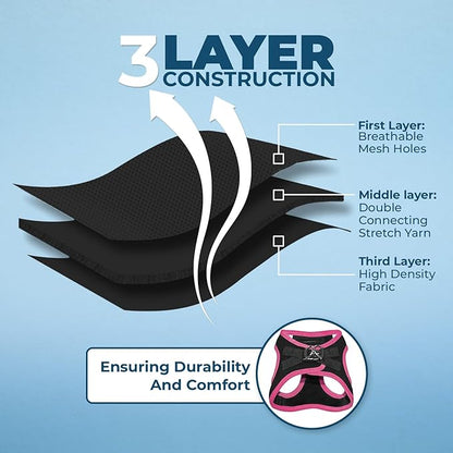 Best Pet Supplies - All Weather Mesh/Plush, Reflective, No Pull Harness for Small, Medium Dogs, Cats - Secure with Hook & Loop Fastener, Buckle, Double D-Rings - Black/Pink Trim, S