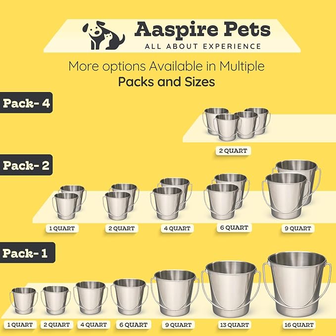 6 quart Heavy Duty Stainless Steel Round Bucket with Handle 2 Pcs | 1.5 gal Sturdy Food & Water Bowl for XL Dog Goat sheep & Livestock | Fits kennel Crate Cage Farm | Hanging Utility Pail