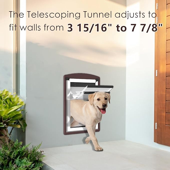 Dog Door for Wall, Large Dog Door with Double Lock Panels, Steel Frame and Telescoping Tunnel, Doggie Door for Interior and Exterior Wall, Up to 100lbs, Coffee Color