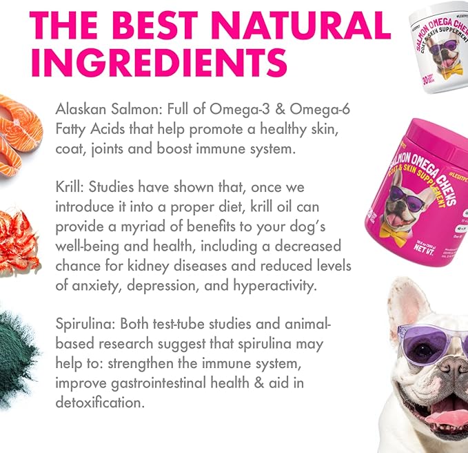 Omega 3 Alaskan Salmon Oil Treats for Dogs 30 Fish Oil Chew Supplement Skin and Coat Allergy and Itch Relief Hip & Joint Health Brain Shedding Hot Spots Treatment Omega 3 6 9 EPA & DHA Fatty Acids