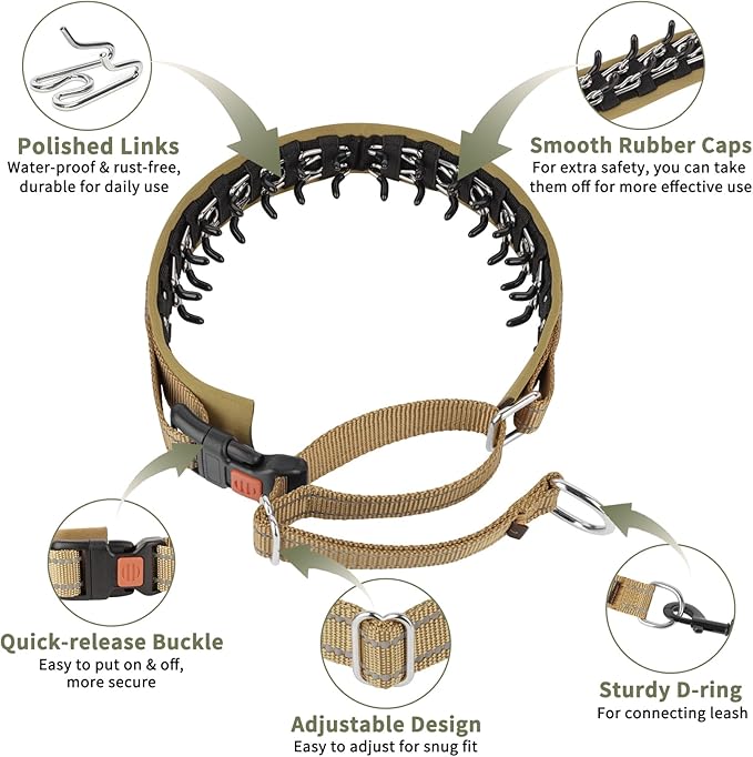 Mayerzon Martingale No Pull Collar for Medium Large Dogs German Shepherd Doberman Pitbull, Patented Anti Pull Correction Dog Collar for Walking Training, Reflective, Adjustable, Hidden(M/L, Khaki)