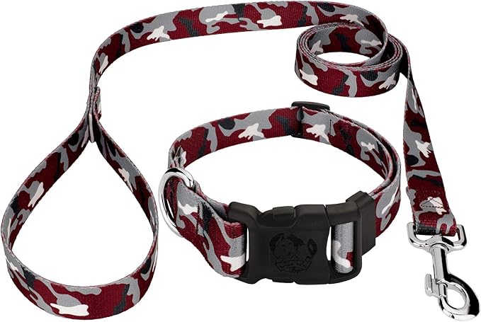 Country Brook Petz - Crimson and White Camo Everyday Dog Collar and Leash- Sports and Athletics Collection Featuring Spirited Designs (1/2 Inch, 2XS)