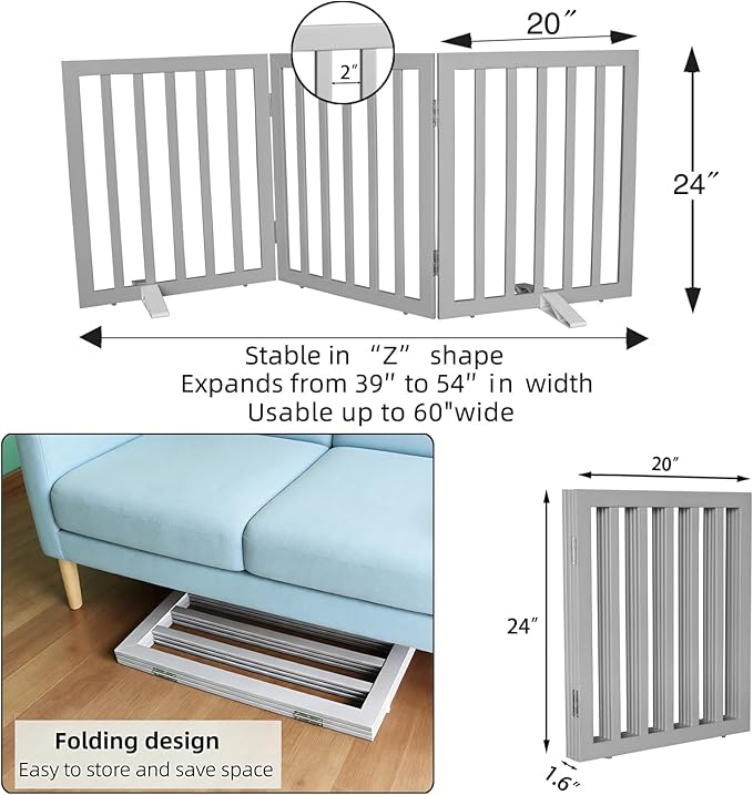 Dog Gate Indoor, Freestanding Dog Fence for The House, Doorways, Hallways,or Stairs,Pet Gate Foldable Wooden,Expandable 24" Height 3 Panels,Grey