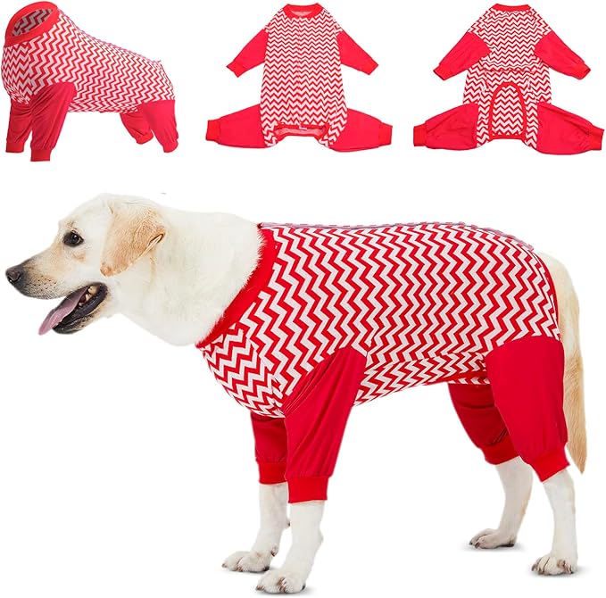 LovinPet Dog Recovery Suit for Large Dogs - Cut-Out Design of Abdomen, Red Wave Pattern, 3XL