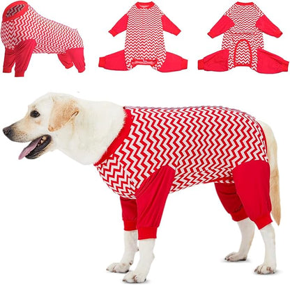 LovinPet Dog Recovery Suit for Large Dogs - Cut-Out Design of Abdomen, Red Wave Pattern, XL