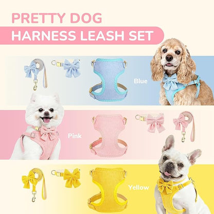Small Dog Collar Harness and Leash Set, Dog Harness no Pull with Bowtie, Breathable Cotton Adjustable Pet Puppy Harness, Easy Walk Dog Harness, S(14–18.9")