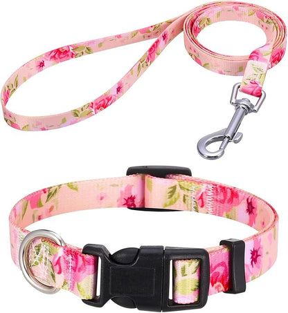 Mihqy Dog Collar and Leash Set with Bohemia Floral Tribal Geometric Patterns - Soft Ethnic Style Collar Adjustable for Small Medium Large Dogs(Pink Rose Set,M)