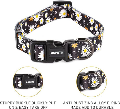QQPETS Adjustable Soft Dog Collar: Print Flower Pink Multicolor Cute Patterns for XS Small Medium Large Pet Girl Boy Puppy Walking Running Training (XS, White Daisy)