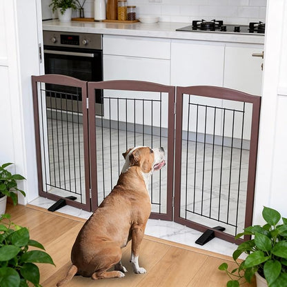ZJSF Freestanding Dog Fence Indoor, Foldable Dog Gate for Doorways, Stairs or Hallways, Sturdy Wood Extra Wide Pet Gate with Support Feet for The House, Brown, 32 "Height-3 Panels
