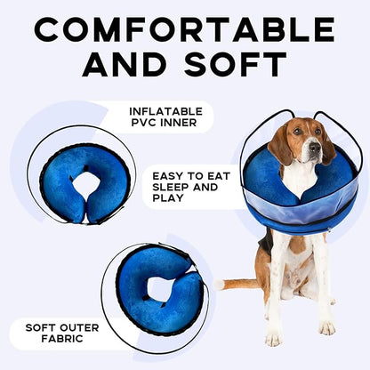 Inflatable Surgery Collar for Dogs-Enhanced Anti-Licking Protective Cone with Adjustable Strap (Blue, L)