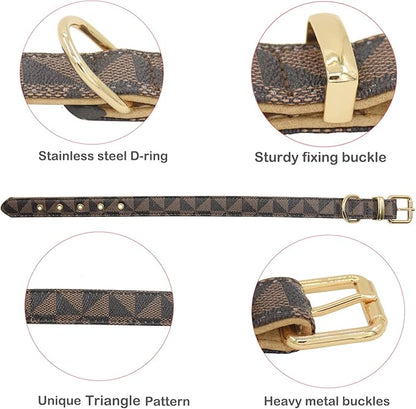 Leather Dog Collar and Leash Set, Check Pattern Dog Collar Leashes Metal Buckle Adjustable Durable for Small Medium Large Dogs (Brown, L(14.5-18.5IN))