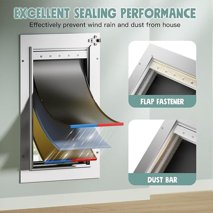 3-Flap Insulated Aluminum Dog Door for Walls, Heavy-Duty Telescoping Pet Door with Dual Security Locks & Magnetic Flaps, Closing Panel, Large, Pets Up to 110 LB