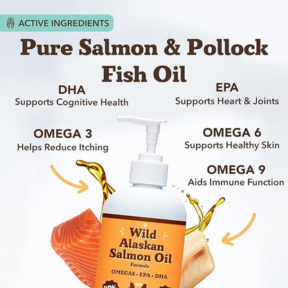 Natural Dog Company Wild Alaskan Salmon Oil Formula with Omega 3, Fish Oil for Dogs Supplement, Skin & Coat Dog Oil, Itchy Relief, Immune Support for Joints & Heart, Liquid Food Topper, 32 oz