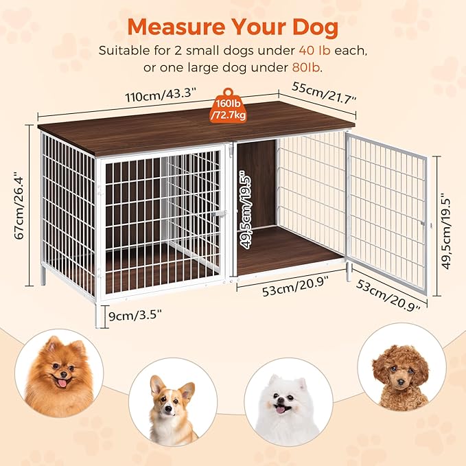 MAHANCRIS Dog Crate Furniture for 2 Dogs, 43.3" Dog Kennel with Removable Divider, Heavy Sturdy Dog Furniture Style Double Cage for Small Medium Dogs, Indoor Pet House End Table, White and Walnut