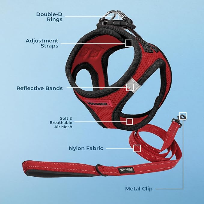 Best Pet Supplies Voyager Step-in Air All Weather Mesh Harness and Reflective Dog 5ft Leash Combo with Neoprene Handle, for Small, Medium and Large Breed Puppies - Set (Red/Black Trim), Small