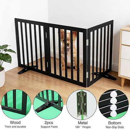 Dog Gate Indoor, Freestanding Dog Fence for The House, Doorways, Hallways,or Stairs,Pet Gate Foldable Wooden,Expandable 32" Height 3 Panels,Black
