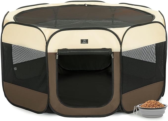 Dog Playpen for Small Dogs & Puppies, 50.39" Portable Indoor Outdoor Puppy Playpen with Bowl, Waterproof Floor, Foldable Pop-Up Pet Pen for Home, Travel & Daily Use, Brown+Beige