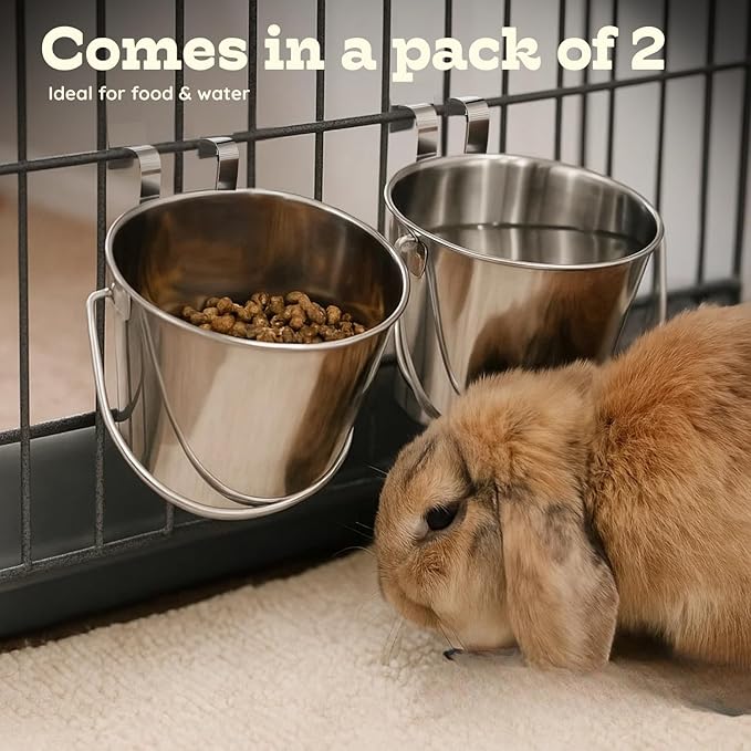 2 Quart Stainless Steel Flat Sided Bucket with Dual Hooks | 2 Pcs Durable Food & Water Bowl for Dog Cats Bird & Small Animals | Fits kennel Cage Crates Hanging Pet Pail | Multipurpose use
