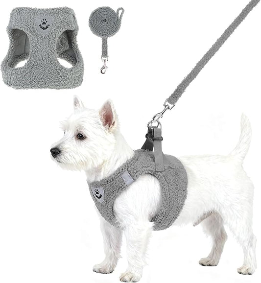 KOOLTAIL Plush Small Dog Harness and Leash Set, Warm Fleece No Pull Puppy Vest for Winter, Lightweight Reflective Step in Pet Harness for Medium Sized Dogs Boy Girl Outdoor Walking Cute Soft, Gray S