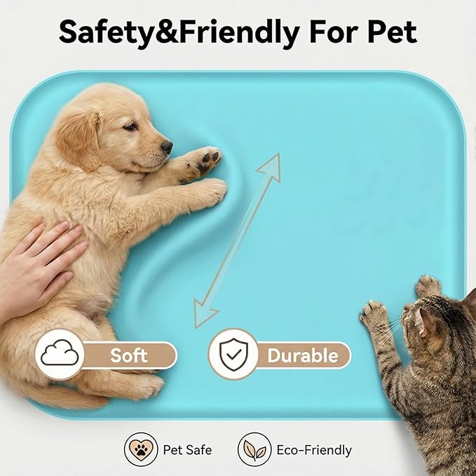 Waterproof Silicone Pet Feeding Mat Blue with Raised Edge,24" x 16"Non-Skid Spill Proof Dog Bowl Mats, Easy Clean Cat Bowls Placemat for Cats and Dogs