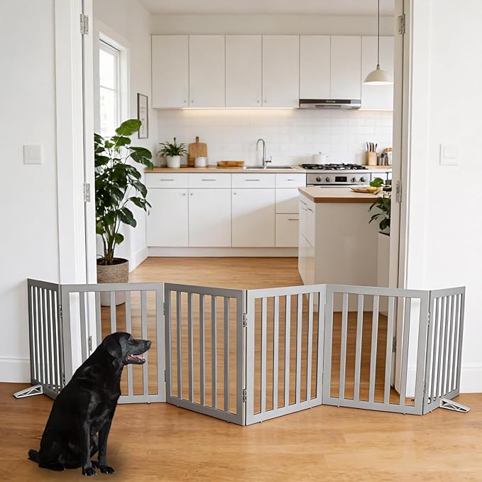 ZJSF Freestanding Indoor Dog Gate for House Foldable Wood Puppy Gate for Doorways Pet Gate for Stairs Extra Wide Pet Fence, Grey, 24" Height 6 Panels