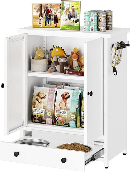 Dog Feeding Station with Storage, Metal Dog Food Storage Cabinet with 2 Elevated Bowls and 3 Hooks, Pet Feeding Station and Dogs Food Storage Organizer, White