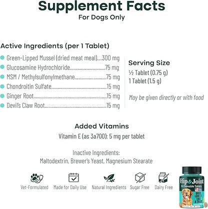 Natureflow Hip & Joint Supplement for Dogs, 300mg Green-Lipped Mussel for Dog Arthritis Pain Relief, Glucosamine, MSM & Chondroitin, Zero Sugar, Large Medium Small Breeds, 100 Chewable Tablets