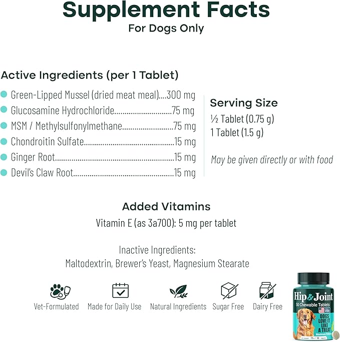 Natureflow Hip & Joint Supplement for Dogs, 300mg Green-Lipped Mussel for Dog Arthritis Pain Relief, Glucosamine, MSM & Chondroitin, Zero Sugar, Large Medium Small Breeds, 50 Chewable Tablets