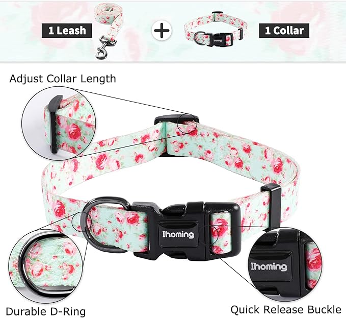 Ihoming Dog Collar and Leash Set for Daily Outdoor Walking Running Training, Floral GreenLake Design for Small Boys Girls Dogs Cats Pets, S-Up to 20LBS