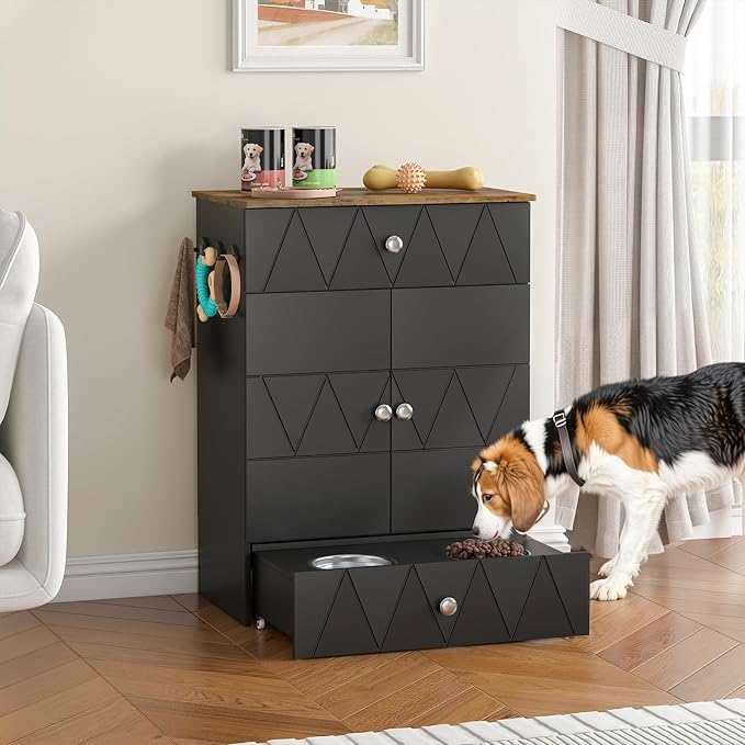 Pet Feeding Station with Storage, Raised Dog Bowls, Pet Feeder Cabinet, with Adjustable Shelves, Rolling Drawer, Hooks, for Feeding & Watering Supplies (Black)