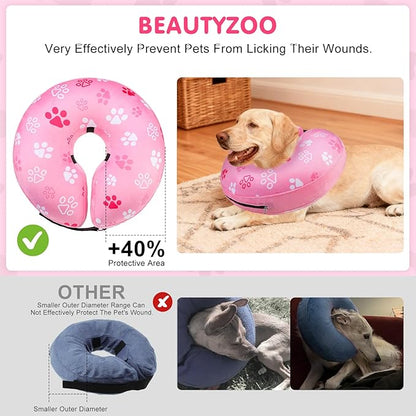 BEAUTYZOO Dog Cone Alternative After Surgery for Large Medium Small Dogs, Soft Inflatable Cone Collar for Dogs Cats, Pet Neck Donut E Collar Dog Recovery Collars to Stop Licking, Paw Pink, L
