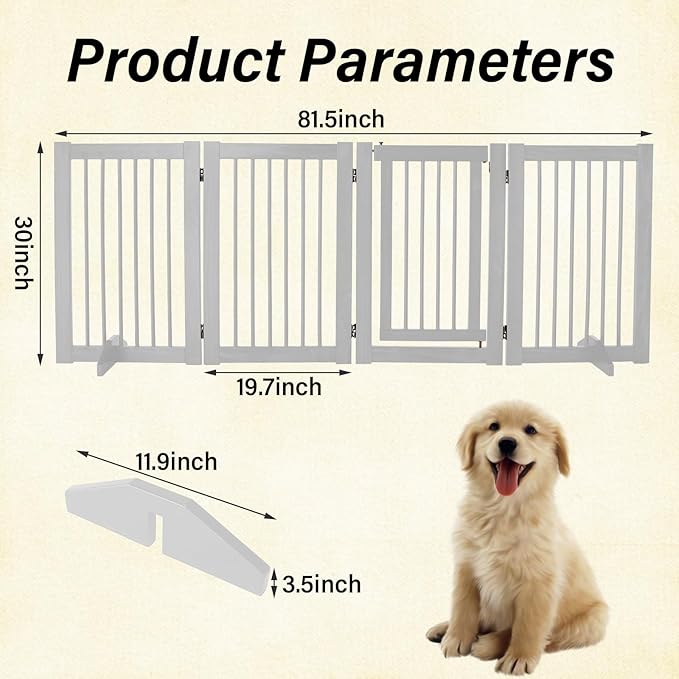 Dog Gate Indoor, Pet Gates for Doorways No Drilling, Freestanding Dog Gates, Foldable Pet Gate, Wooden Gates for Dogs Indoor- 4 Panel - 30" (White, 4 Panel - 30")