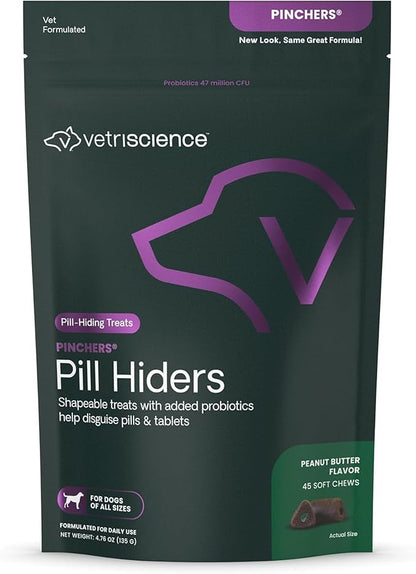 VetriScience Pinchers Pill Hiders Chews, Non-Greasy with Probiotics for Dogs, Disguise Small Capsules and Tablets, Soft and Chewy, Gut and Immune Support, Peanut Butter, 45 Count