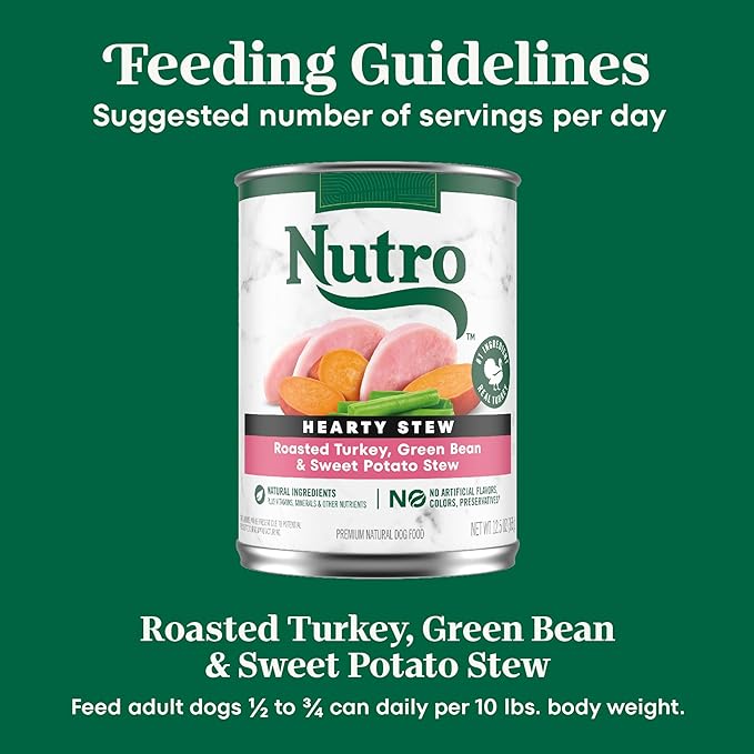 Nutro Hearty Stew Canned Wet Dog Food, Natural Grain Free Dog Food Wet Cuts in Gravy Roasted Turkey with Green Bean & Sweet Potato Stew, 12.5 oz. Cans (12 Count, Pack of 2)