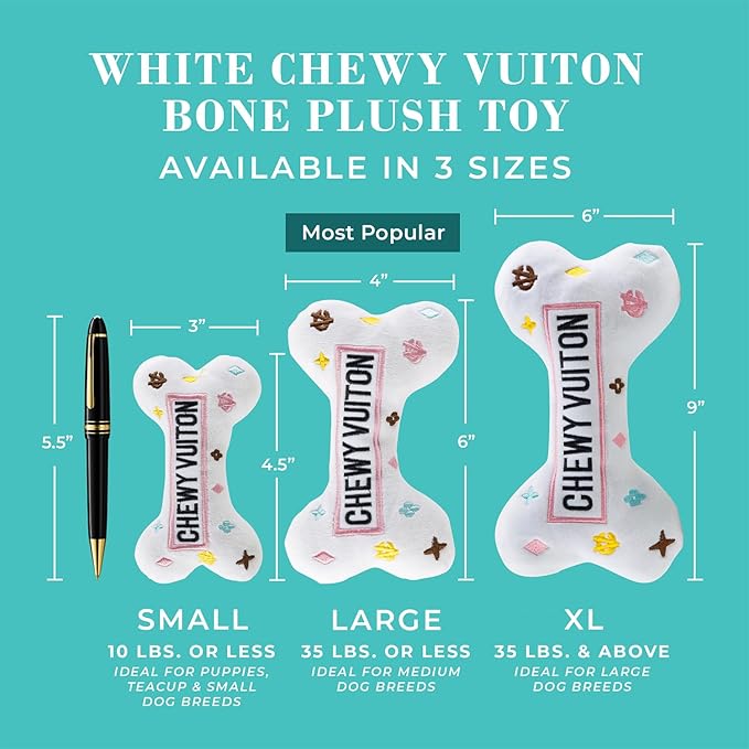 Haute Diggity Dog Chewy Vuiton Bone Plush Squeaky Dog Toy, Soft Durable Designer-Inspired Stuffed Puppy Chew Toys for Small, Medium & Large Dogs, Machine-Washable (White) XL