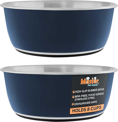 Master Pet Supply Stainless Steel Dog Bowls Set of 2 (64 Oz Each) with Non-Slip Rubber Base - Navy Blue - Basic Dog Food Bowl Water & Food Bowls for Small Medium Large Dogs & Cats, Metal Dish