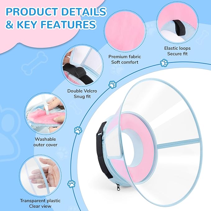Sponge Core Dog Cone, Inflatable Dog Cone Collar Alternative, Dogs Donut Collar After Surgery, Soft Cone for Large Medium Small Dogs to Stop Licking, No Inflation Required, Clear View(Size 7, Pink)