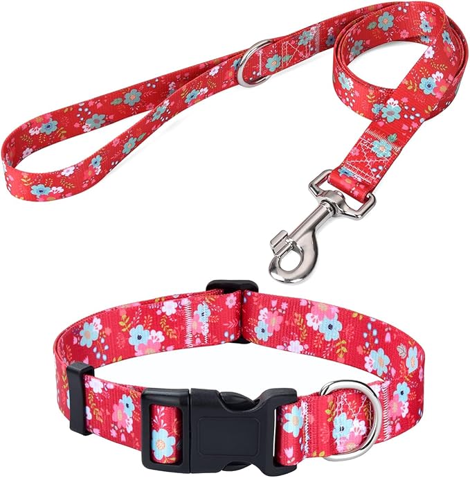 Mihqy Dog Collar and Leash Set with Bohemia Floral Tribal Geometric Patterns - Soft Ethnic Style Collar Adjustable for Small Medium Large Dogs(Red Floral Set,S)