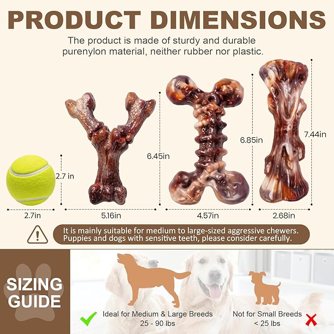 Kseroo Indestructible Dog Toys for Aggressive Chewers 6-Pack: Bacon Flavored Dog Chew Toys, Tough Dog Toys for Medium & Large Dogs (20-90lbs), Heavy Duty Nylon Dog Bone Toys to Keep Them Busy, Brown