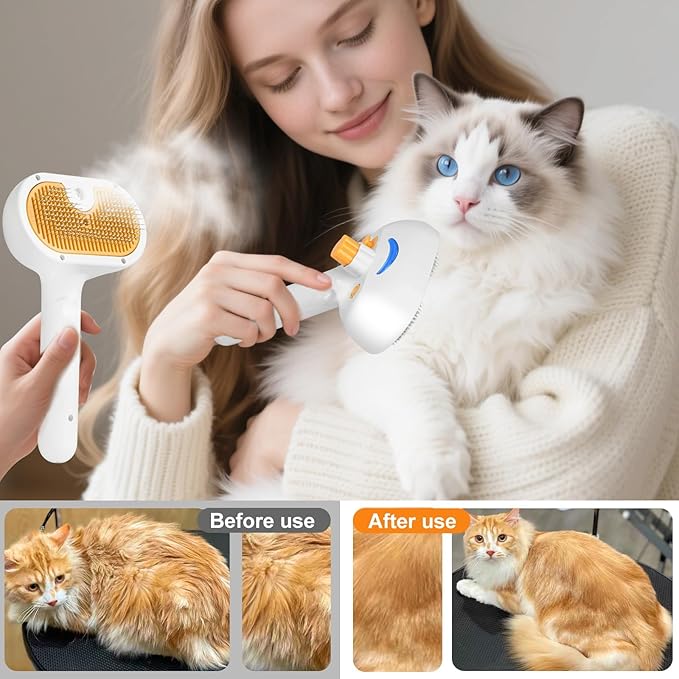 Pet Steam Brush for Dog & Cat – 3-in-1 Spray Hair Removal Comb – Steam for Shedding & Grooming – Water Brush for Long & Short Haired Pets – Spritz Defur Comb – Includes Waterless Shampoo and Eye Wipes