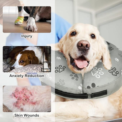 SCENEREAL Dog Cone Alternative After Surgery Donut Collar, Soft Pet Recovery Pillow Collar for Medium Large Dogs, Inflatable Adjustable Neck Collars to Prevent Licking, Grey Footprints L