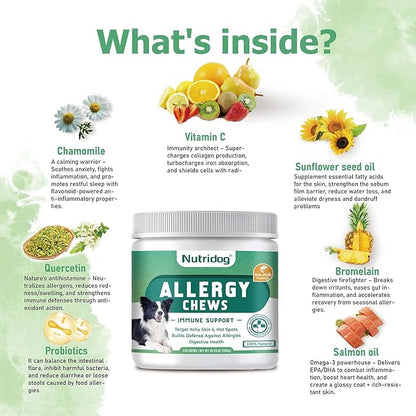Dog Allergy Chews 120 Count - Salmon Flavor Allergy & Itch Relief with Quercetin, 300M Probiotics | Immune Support for Itchy Skin, Hot Spots & Seasonal Allergies