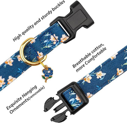 Cotton Handmade Dog Collar Cute and Distinctive Patterns Blue Tulip with Pendant for Girl Boy Dogs Collars M