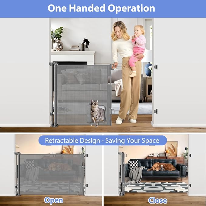 Retractable Dog Gate with Cat Door 55" Wide Retractable Pet Gate with Cat Door Mesh Dog Gate Retractable Baby Gates for Doorway Retractable Puppy Gate for The House Retractable Outdoor Gate for Deck